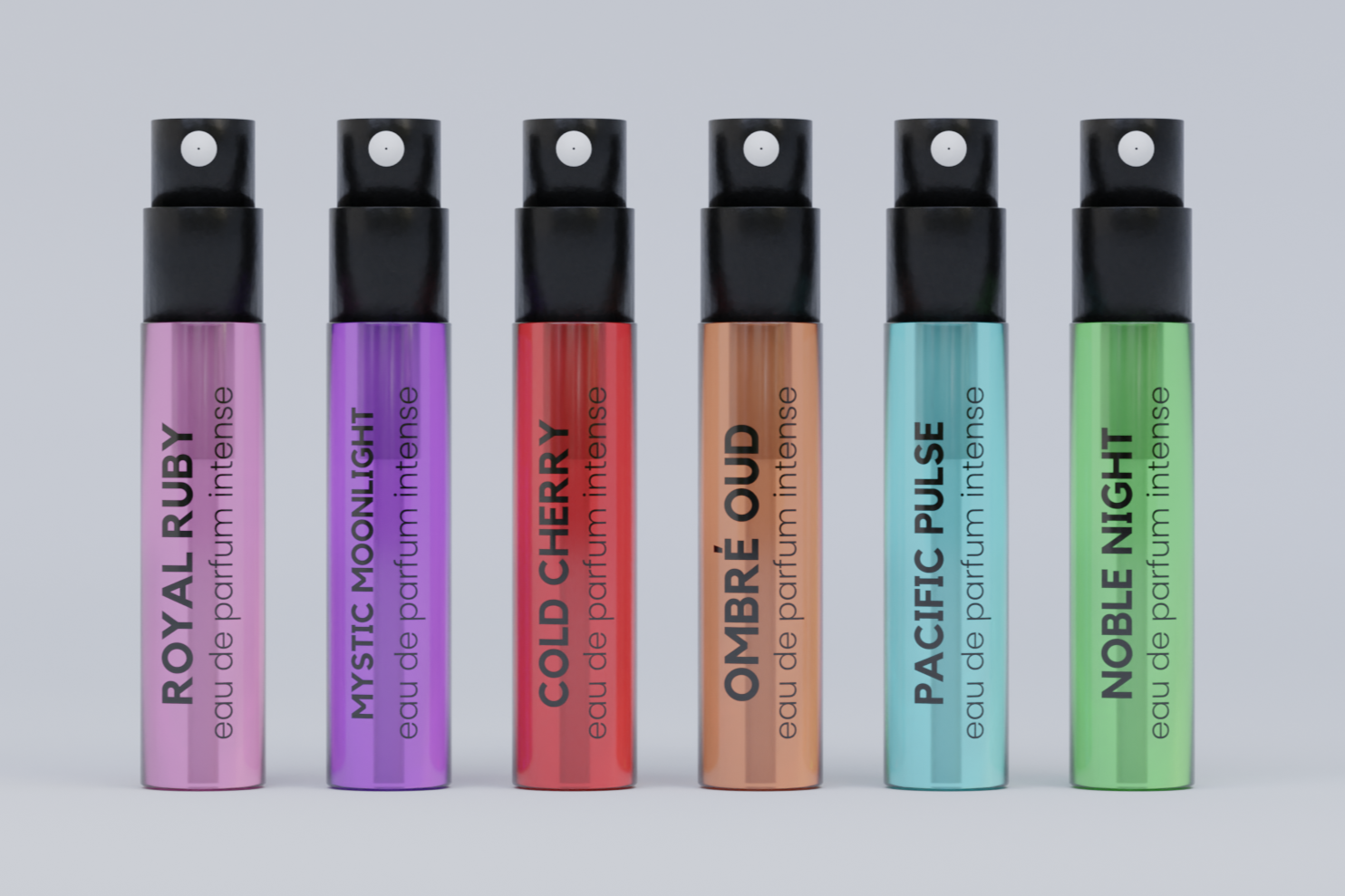 Sechs Probefläschchen von PURE. Parfums als hochwertige Eau de Parfum Intense Samples zum risikofreien Testen der Kollektion