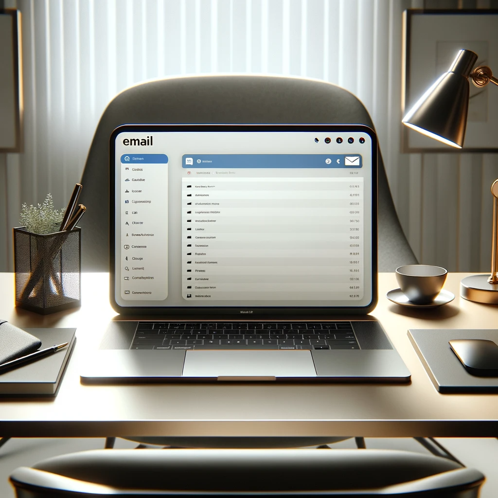 "Laptop auf einem Schreibtisch mit einem offenen E-Mail-Programm, das eine Nachricht anzeigt, in der bestätigt wird, dass Pure Parfums 24/7 für Kunden erreichbar ist. Der Bildschirm zeigt eine professionelle E-Mail-Vorlage mit dem Logo von Pure Parfums, symbolisch für den engagierten Kundenservice der Marke.