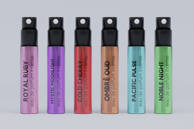Sechs Probefläschchen von PURE. Parfums als hochwertige Eau de Parfum Intense Samples zum risikofreien Testen der Kollektion