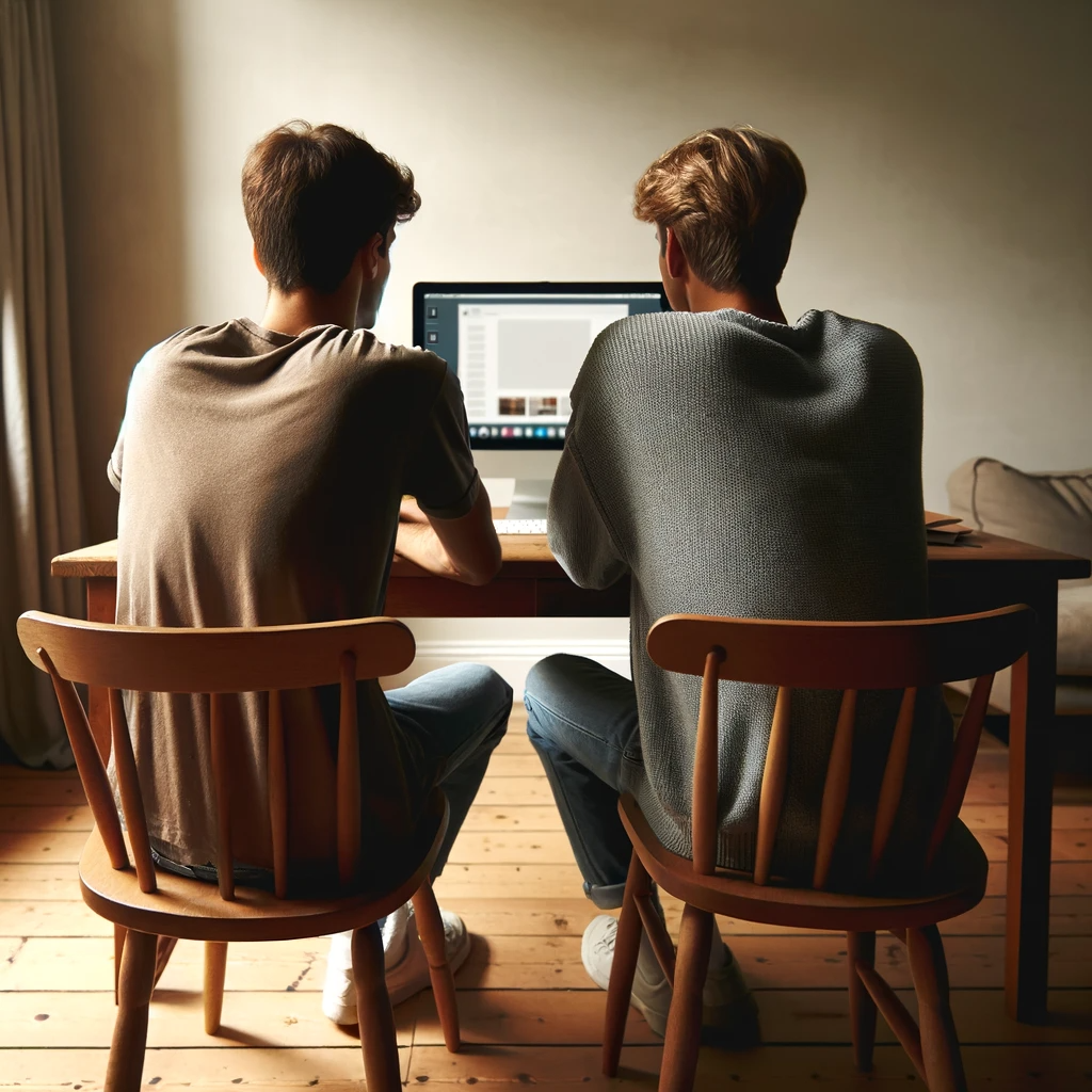 Die Gründer von Pure Parfums, Marcel und Nico, sitzen konzentriert vor einem Computer und planen Geschäftsstrategien. Sie sind in einem Büro mit moderner Einrichtung zu sehen, was ihre Professionalität und Engagement für die Marke unterstreicht. Die Szene zeigt Teamarbeit und strategische Planung, essentiell für den Erfolg ihres Unternehmens.