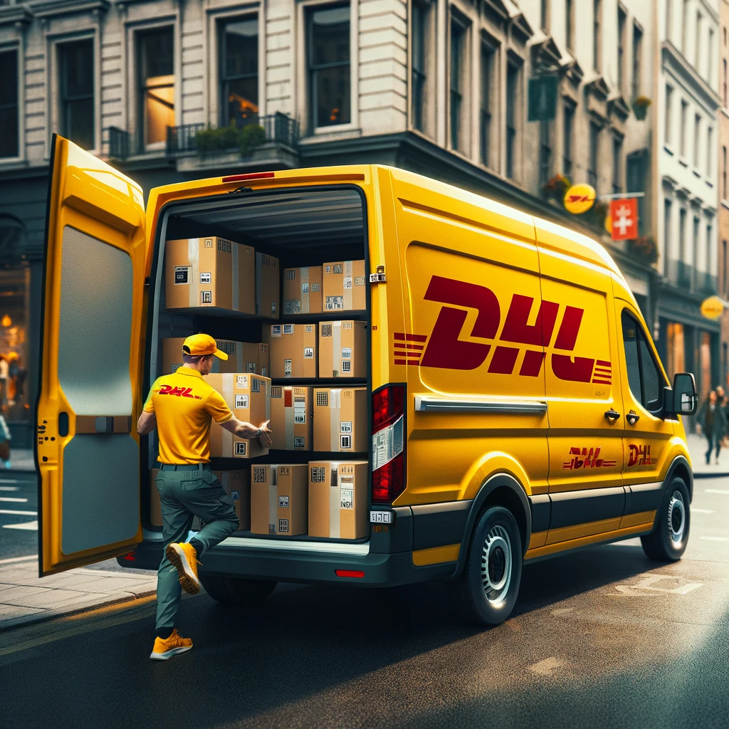 DHL-Lieferfahrzeug auf der Straße, gekennzeichnet mit dem GoGreen-Logo, symbolisiert die umweltfreundliche Expresszustellung von Pure Parfums. Das Fahrzeug ist in den typischen DHL-Farben gelb und rot gehalten und transportiert nachhaltig verpackte Parfüms, was das Engagement für ökologische Verantwortung und schnellen Service hervorhebt.