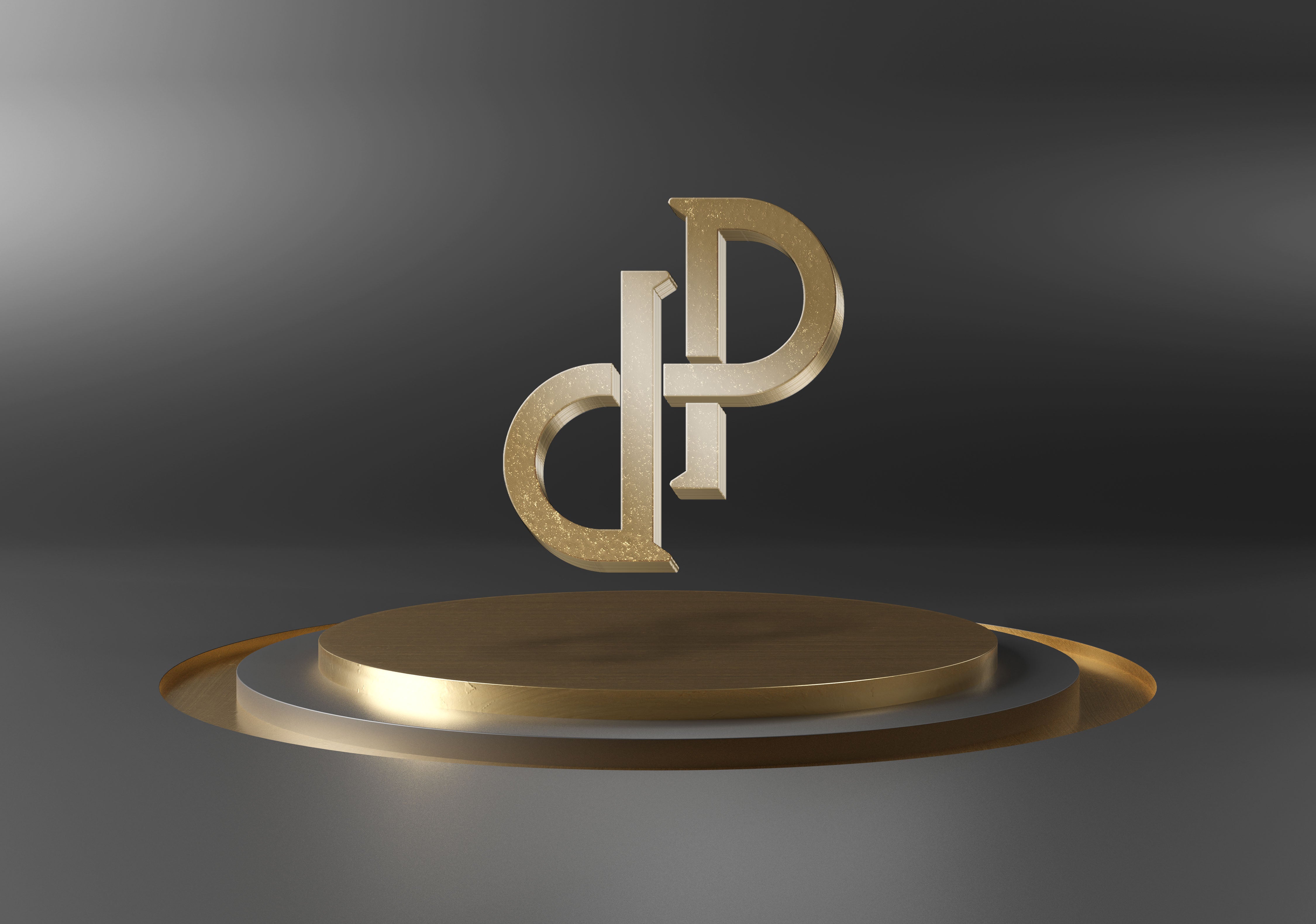 Glänzendes goldenes Logo von Pure Parfums auf einer rotierenden goldenen Drehscheibe, stellt eine luxuriöse und anspruchsvolle Markenidentität dar, ideal für hochwertige Präsentation