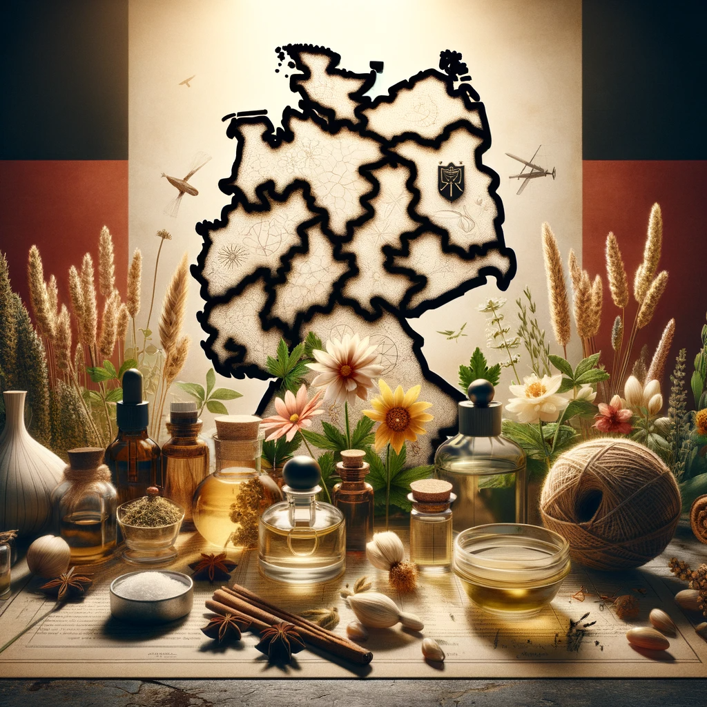 Deutschlandflagge neben einer Auswahl von Parfümölen, die stolz die deutsche Herkunft der Produkte von Pure Parfums verkündet. Das Bild unterstreicht das Engagement für Qualität und lokale Produktion, wobei die Flagge die Zuverlässigkeit und Authentizität der in Deutschland hergestellten Öle betont.