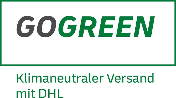 Logo von DHL GoGreen, kennzeichnet den umweltfreundlichen Versandservice von DHL, mit grünem DHL-Schriftzug und GoGreen-Zusatz, symbolisiert das Engagement für Nachhaltigkeit und reduzierte Emissionen.