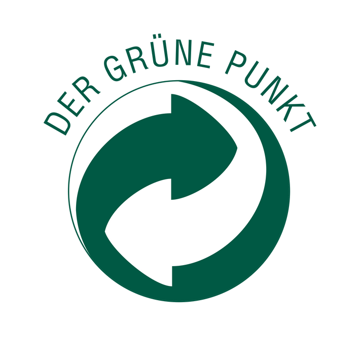 Logo des Grüner Punkt, grünes Kreis-Symbol mit zwei Pfeilen, steht für das deutsche Recycling- und Duales System, repräsentiert Verantwortung und Engagement für Umweltfreundlichkeit und Wiederverwertung.