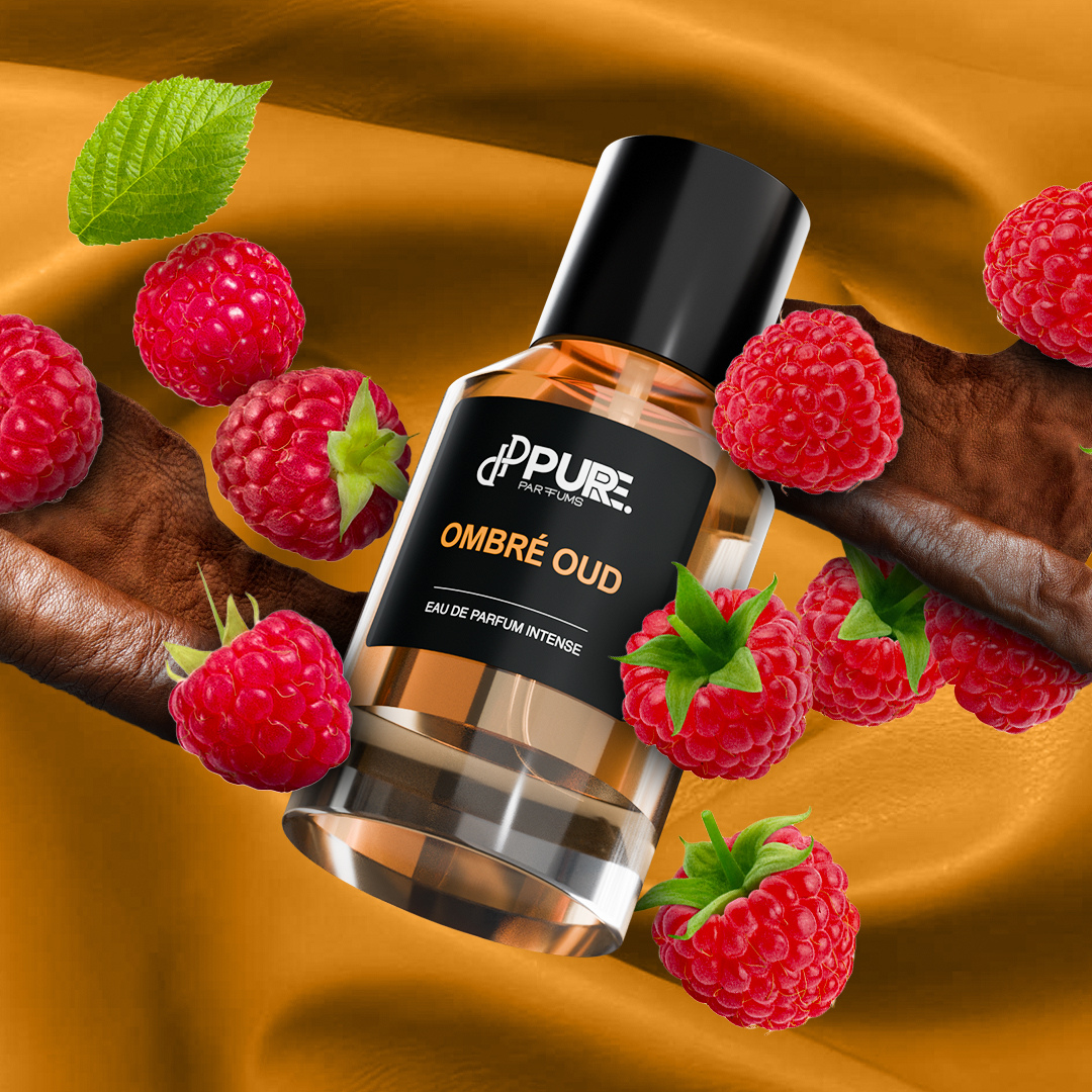 Ombré Oud von PURE. Parfums umgeben von würzigen und holzigen Zutaten mit passender Probe zum risikofreien Testen