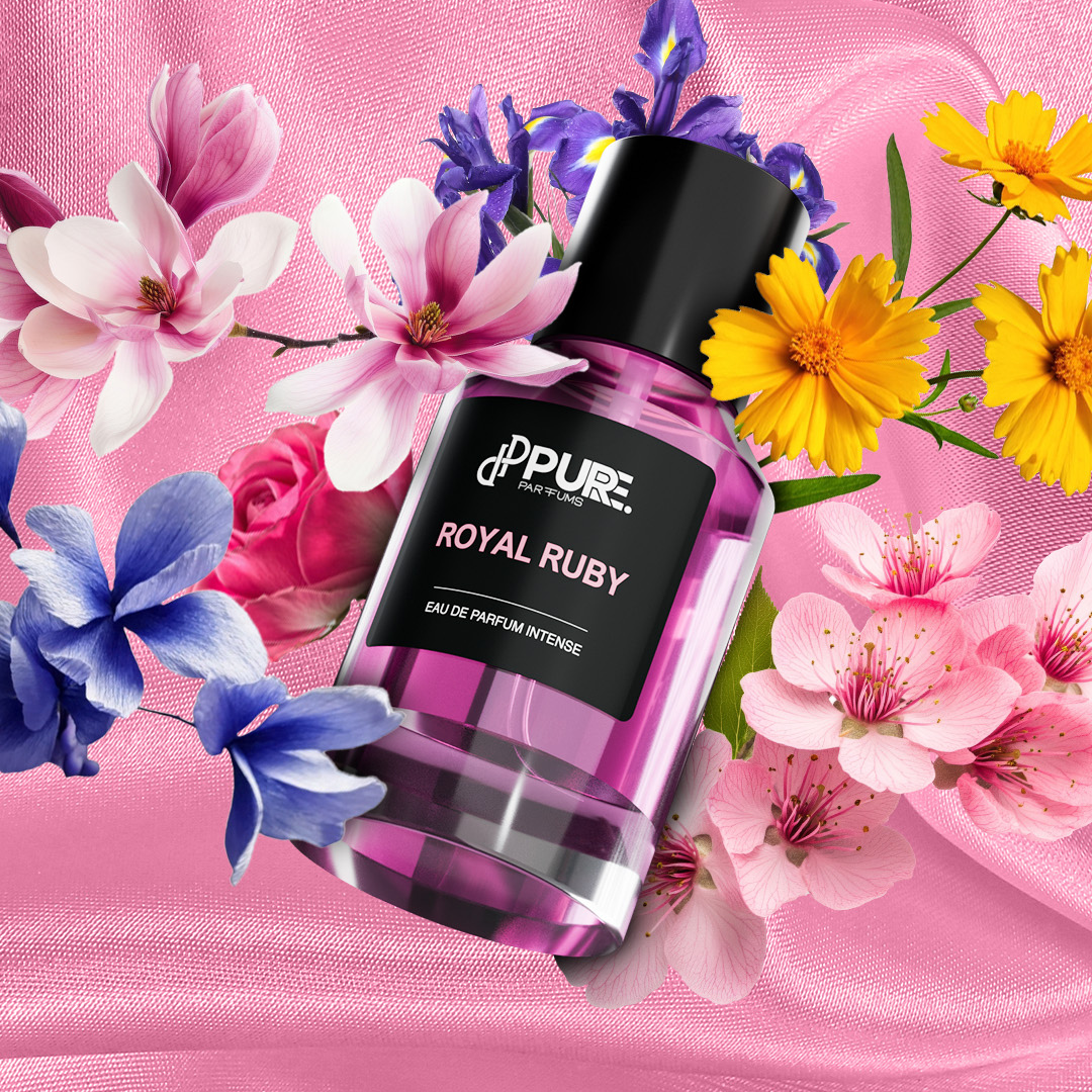 Royal Ruby von PURE. Parfums umgeben von natürlichen Inhaltsstoffen wie Blüten und Beeren mit passender Probe zum risikofreien Testen