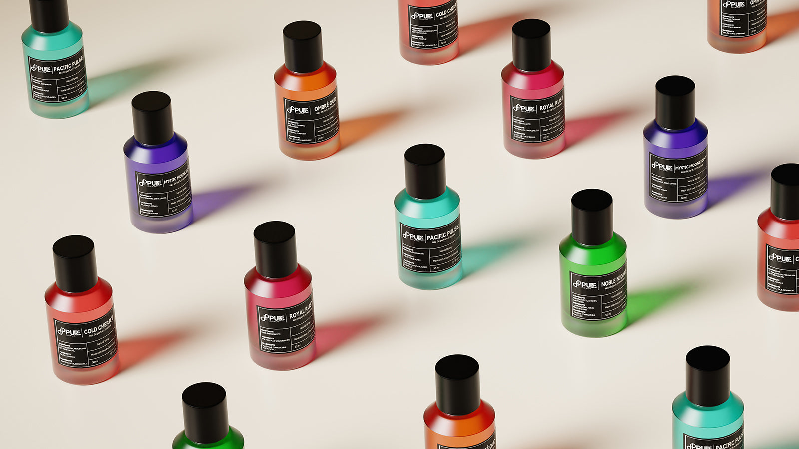 Titelbild des Pure Parfums Online-Shops mit einer Reihe farbenfroher Parfümflaschen. Jede Flasche präsentiert einen einzigartigen Duft, abgebildet in lebendigen Farben, die die Vielfalt und Qualität der Parfümkollektion hervorheben.
